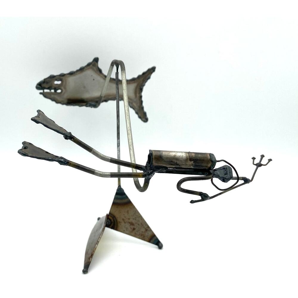 Vintage Scuba Diver and Shark Metal Kinetic Sculpture Certo Italian Handcraft